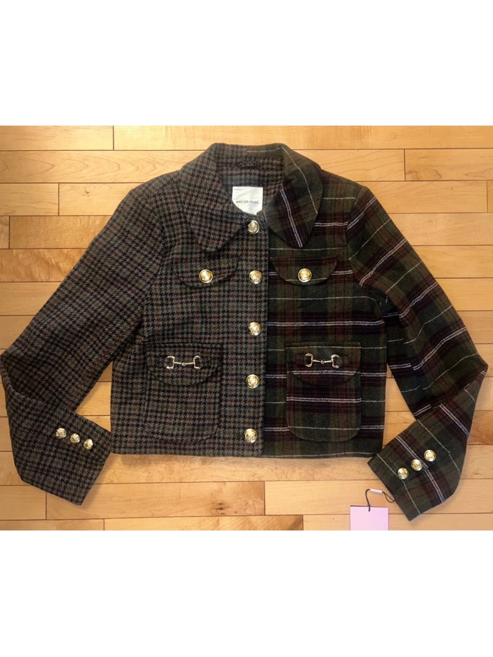 NEW! AVEC LES FILLES Mixed Plaid Boxy Cropped Blazer Coat Dark Olive Size S